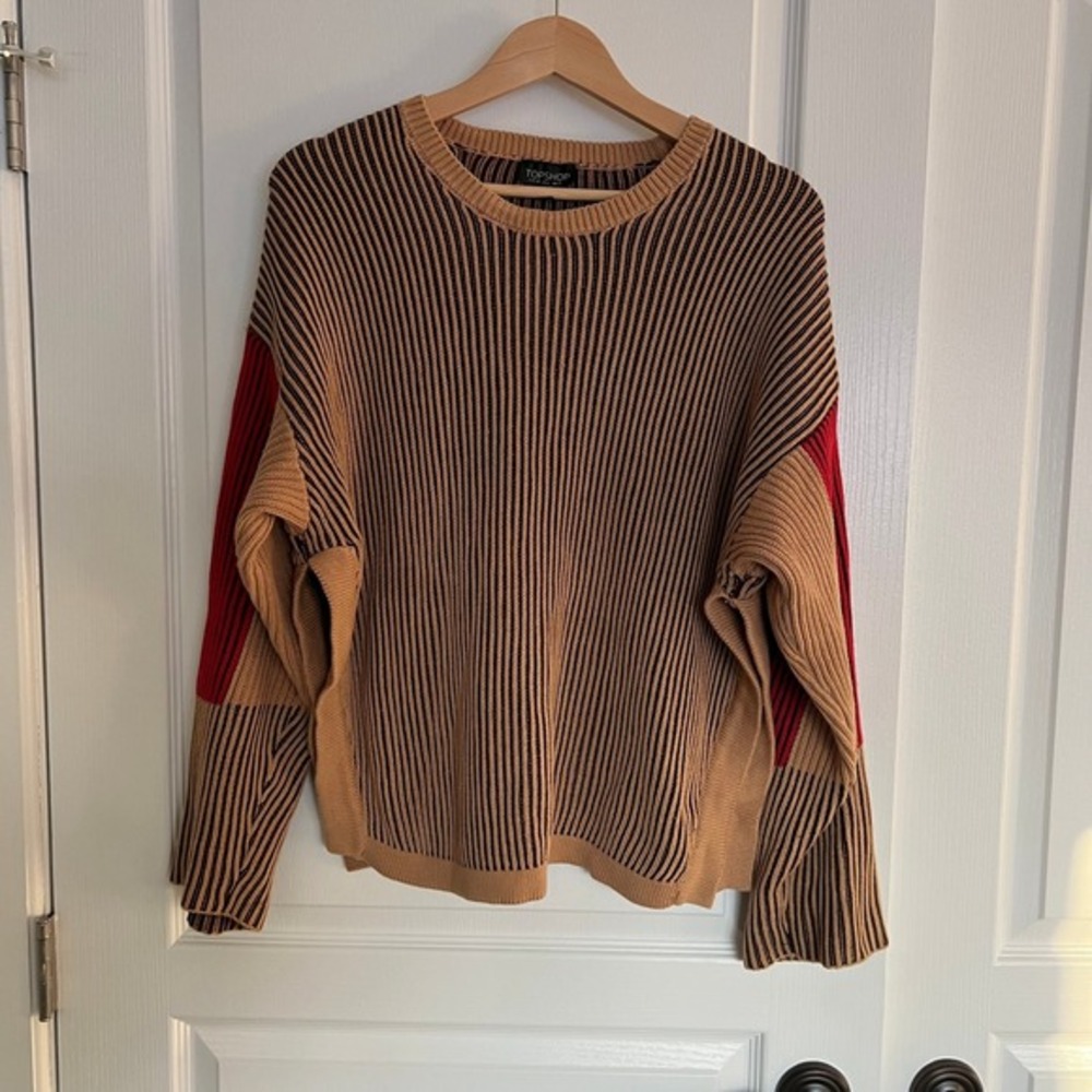 Topshop Colorblock Striped Knit Sweater Camel Black Red Y2K Size 6 - Picture 2 of 12